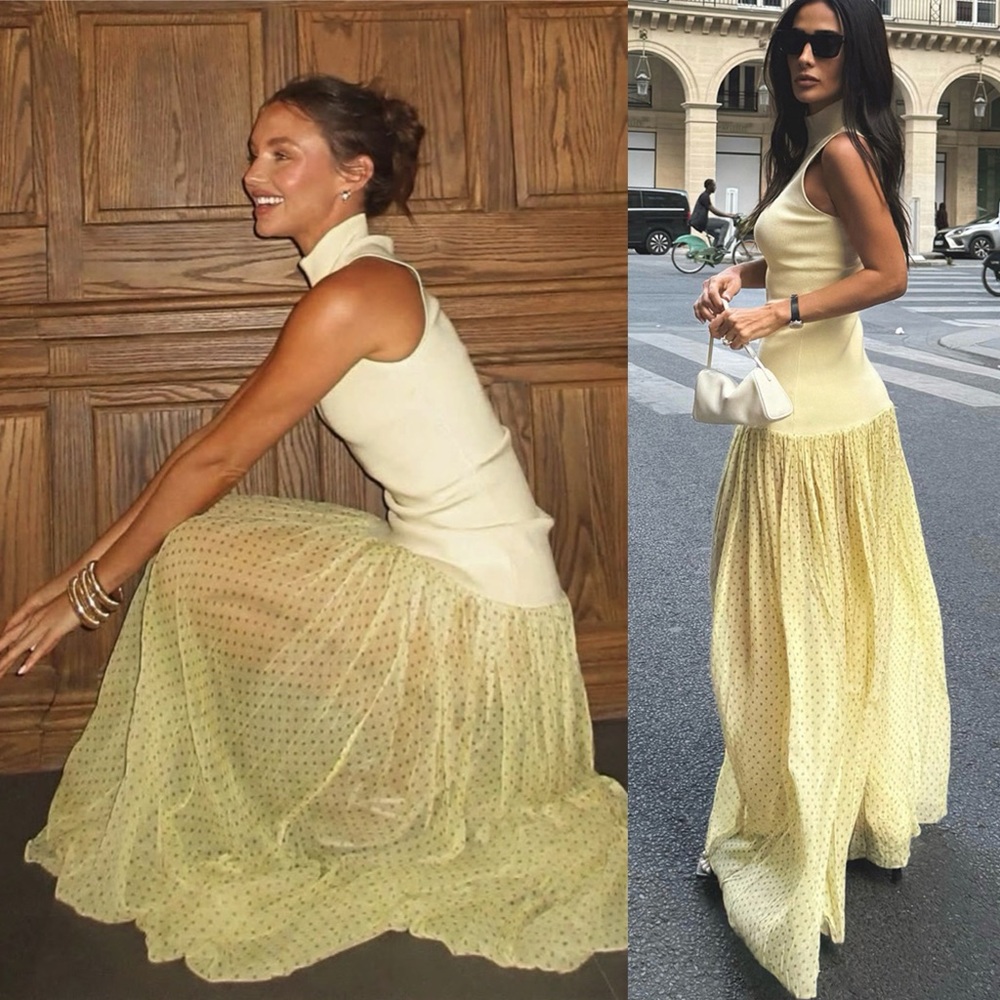 HELSA Costanza Gown Sheer Polka Dot Skirt Butter Yellow NEW with tag - Picture 10 of 10
